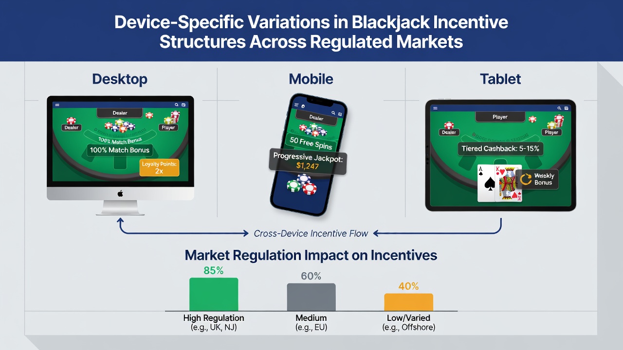 Comparison of blackjack gameplay interfaces on mobile tablet and desktop devices showing incentive displays