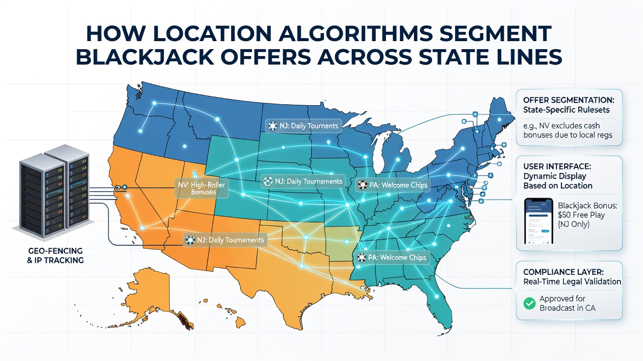 Dashboard interface displaying segmented blackjack offers by state with location pins
