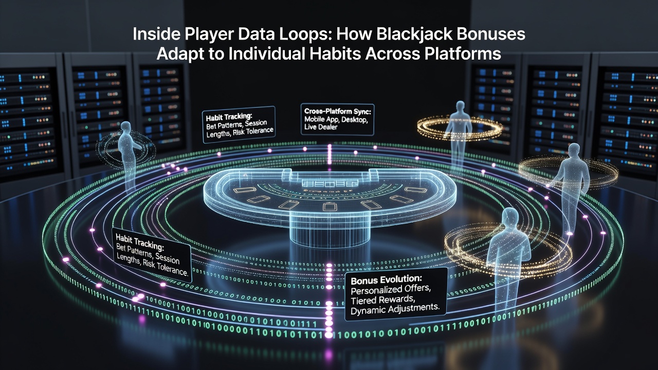 Diagram illustrating cross-platform data flows and personalized blackjack bonus adjustments for varying player habits