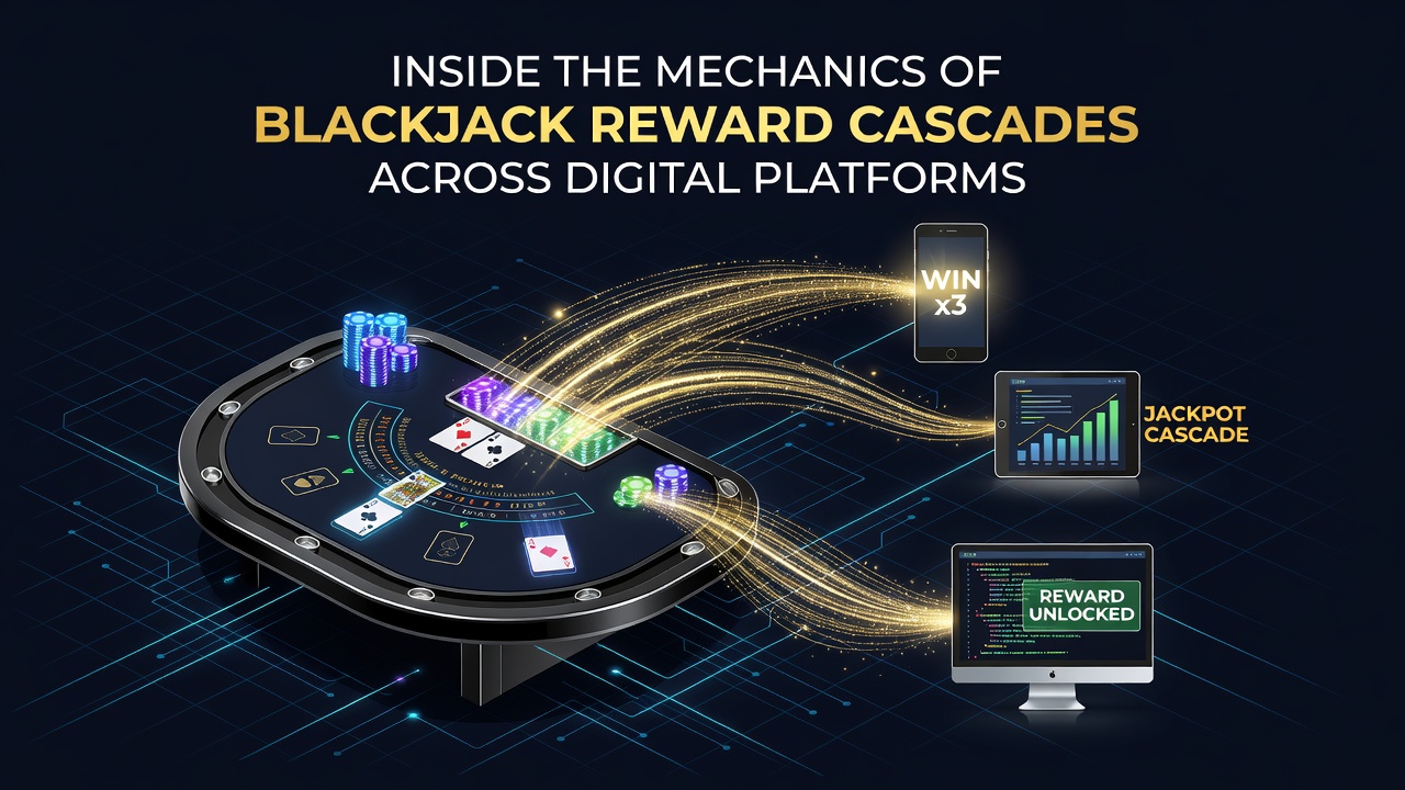 Digital interface showing blackjack reward cascade mechanics across casino platforms
