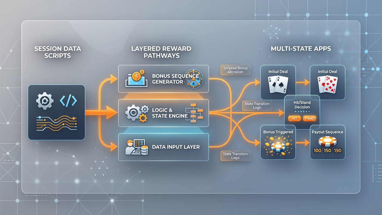 Flowchart illustrating sequential bonus activation based on session metrics in multi-state blackjack platforms