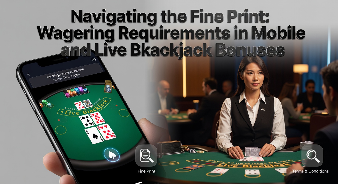 A close-up view of a mobile phone screen displaying a live blackjack table with bonus details overlaid, highlighting wagering requirement terms in fine print.