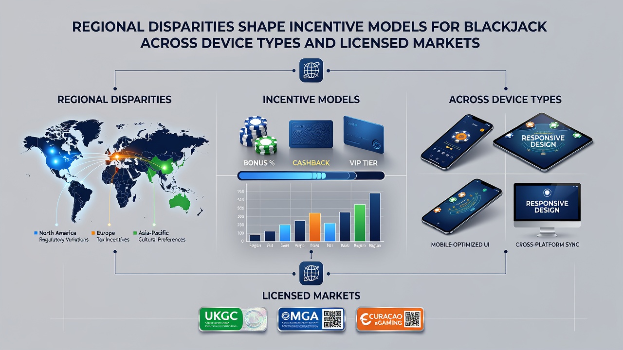 Infographic illustrating device-specific blackjack bonus structures in different licensed markets