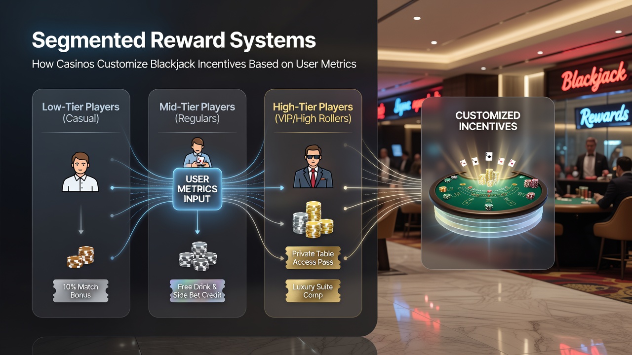 Blackjack table with overlaid data visualizations showing player segmentation categories