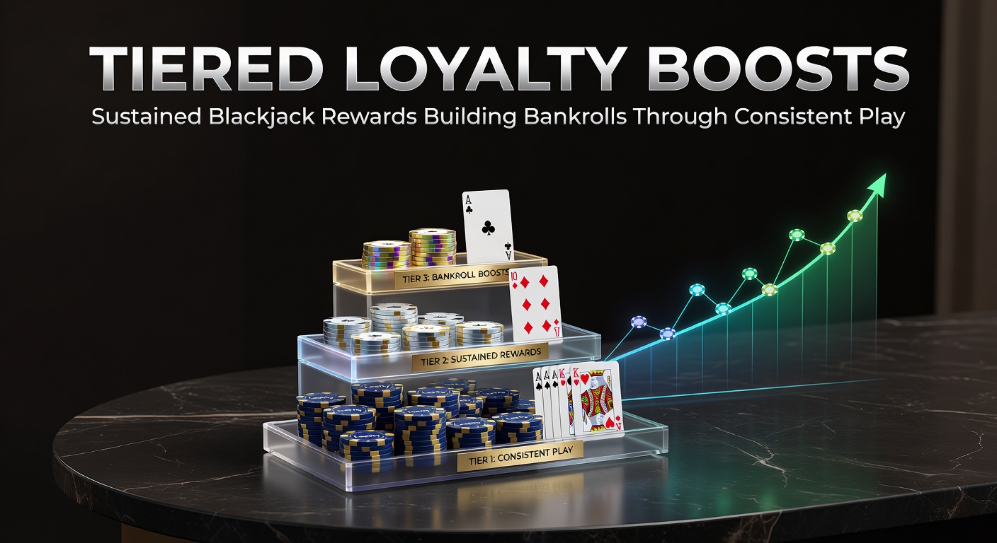 Illustration of a tiered loyalty pyramid with blackjack chips stacking up through levels, symbolizing progressive rewards for consistent players