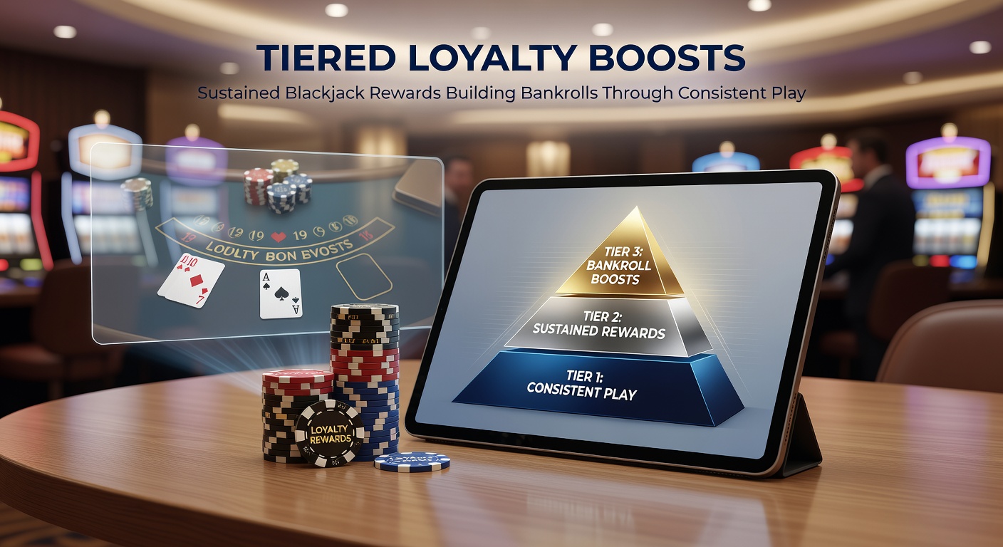 Graphic of a blackjack player advancing through glowing loyalty tiers on a digital screen, with rising chip stacks and reward icons