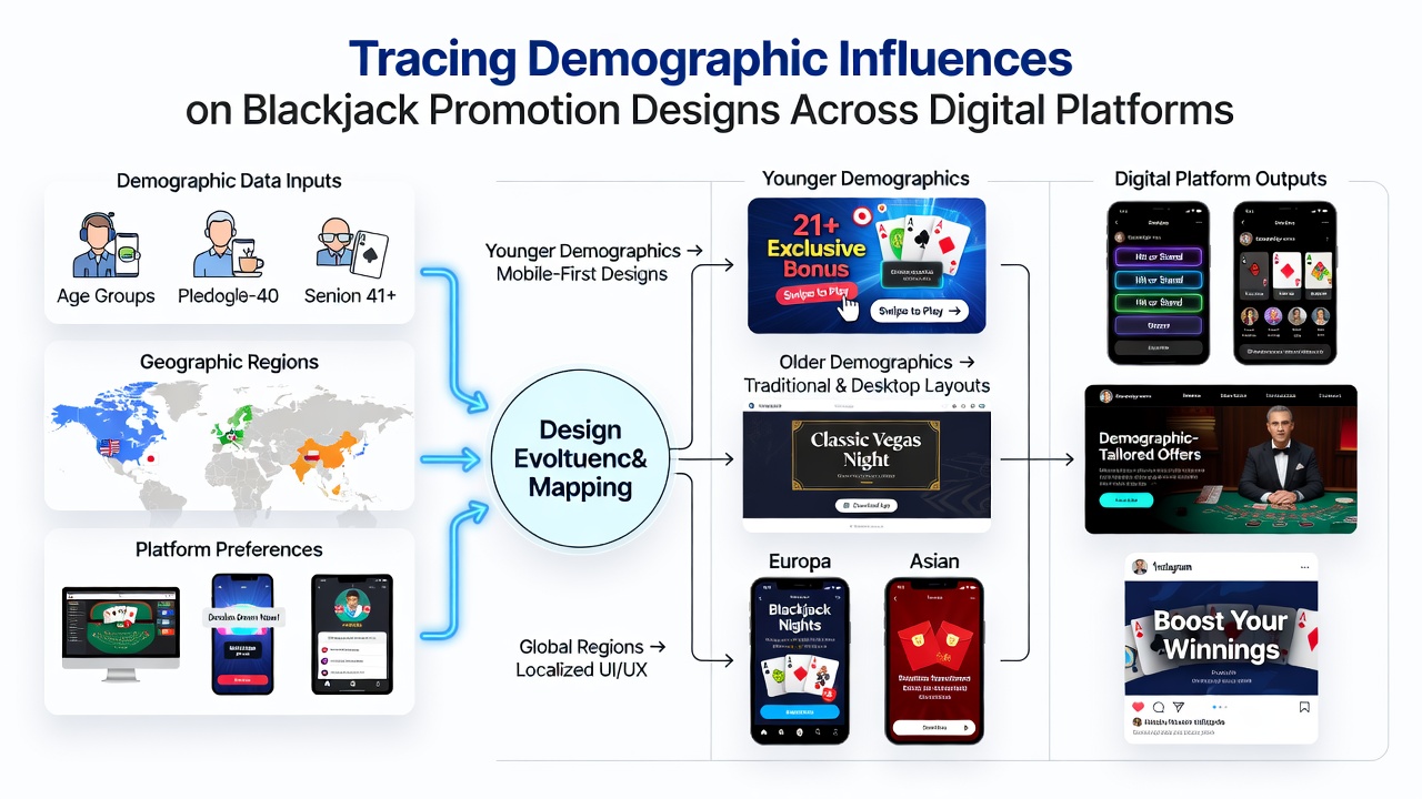 Digital interface displaying varied blackjack promotions segmented by user demographics including age and location indicators