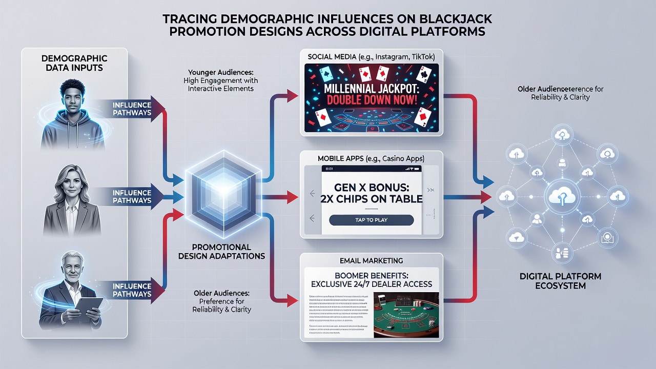 Analytics dashboard illustrating blackjack promotion segmentation across age groups, device types and regional markets