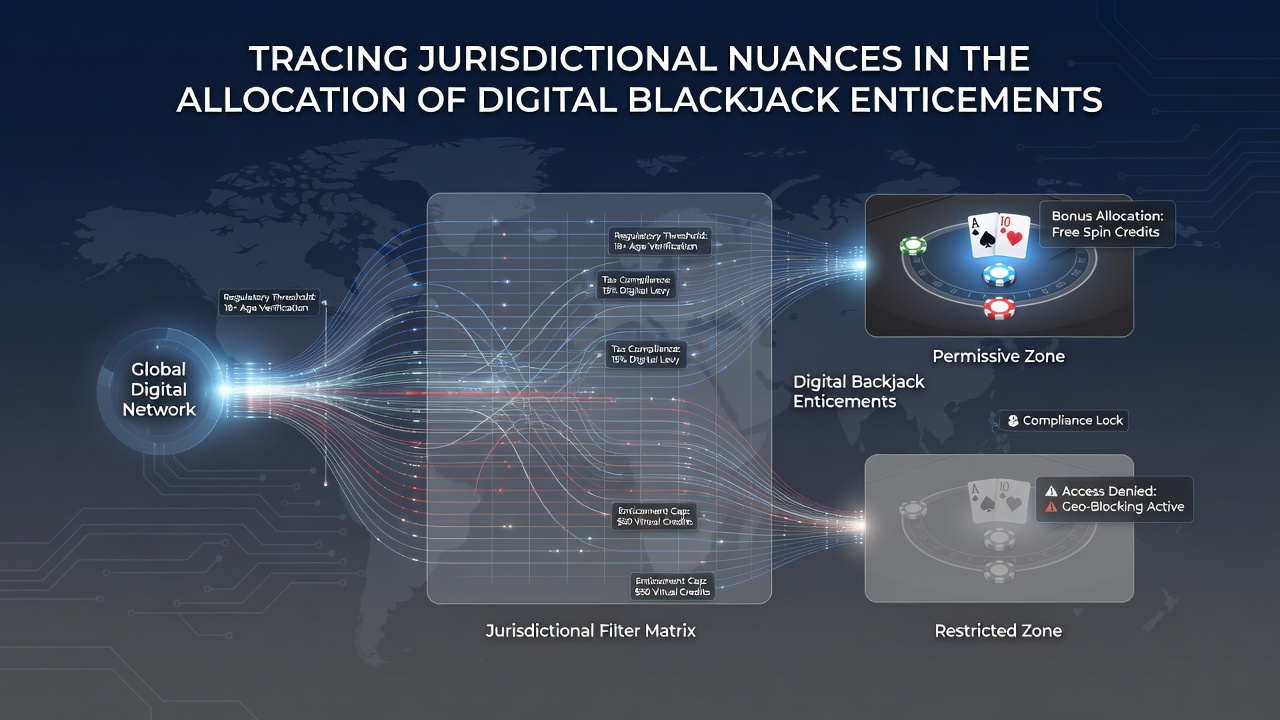 Illustration of layered regulatory documents and digital interfaces used for allocating blackjack bonuses by jurisdiction
