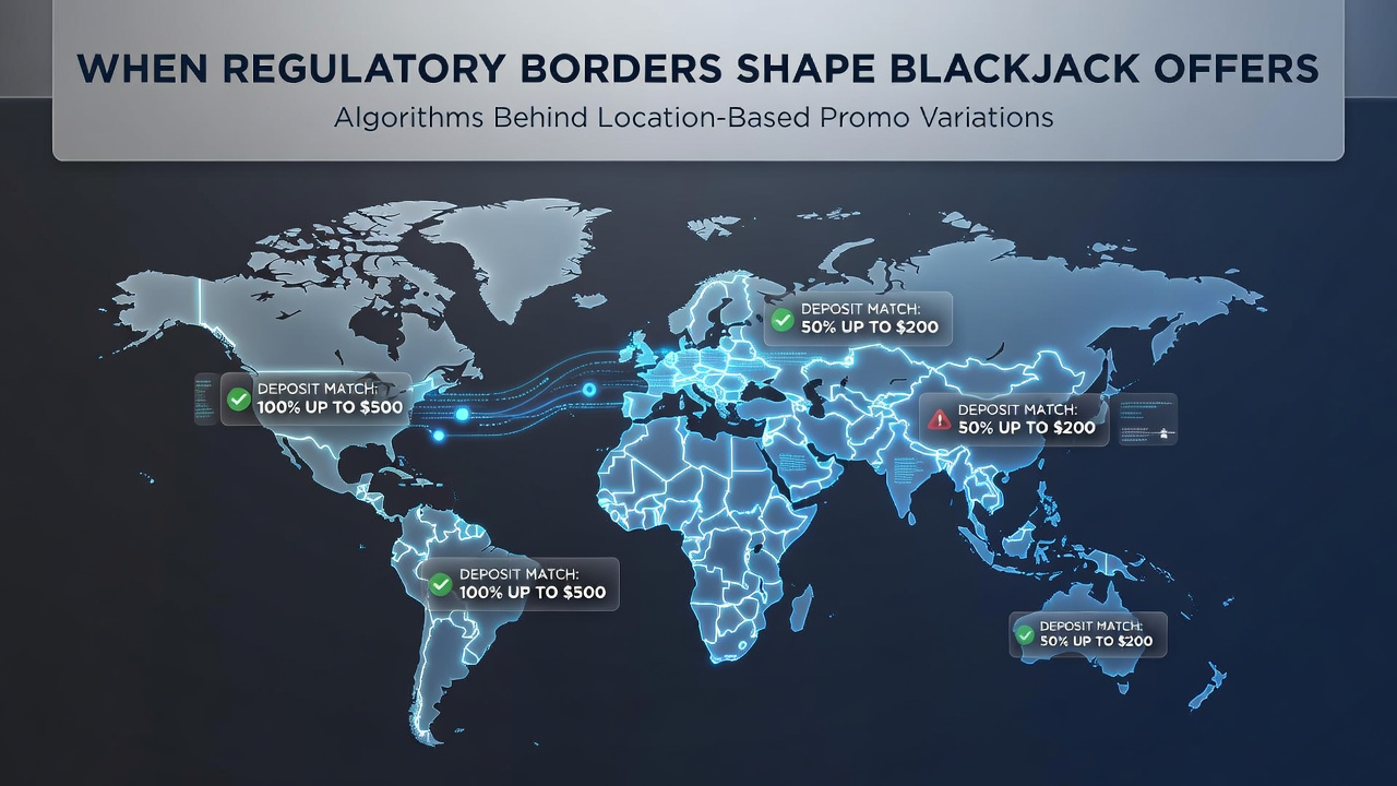 Map overlay showing regulatory zones and blackjack promo variations across different jurisdictions